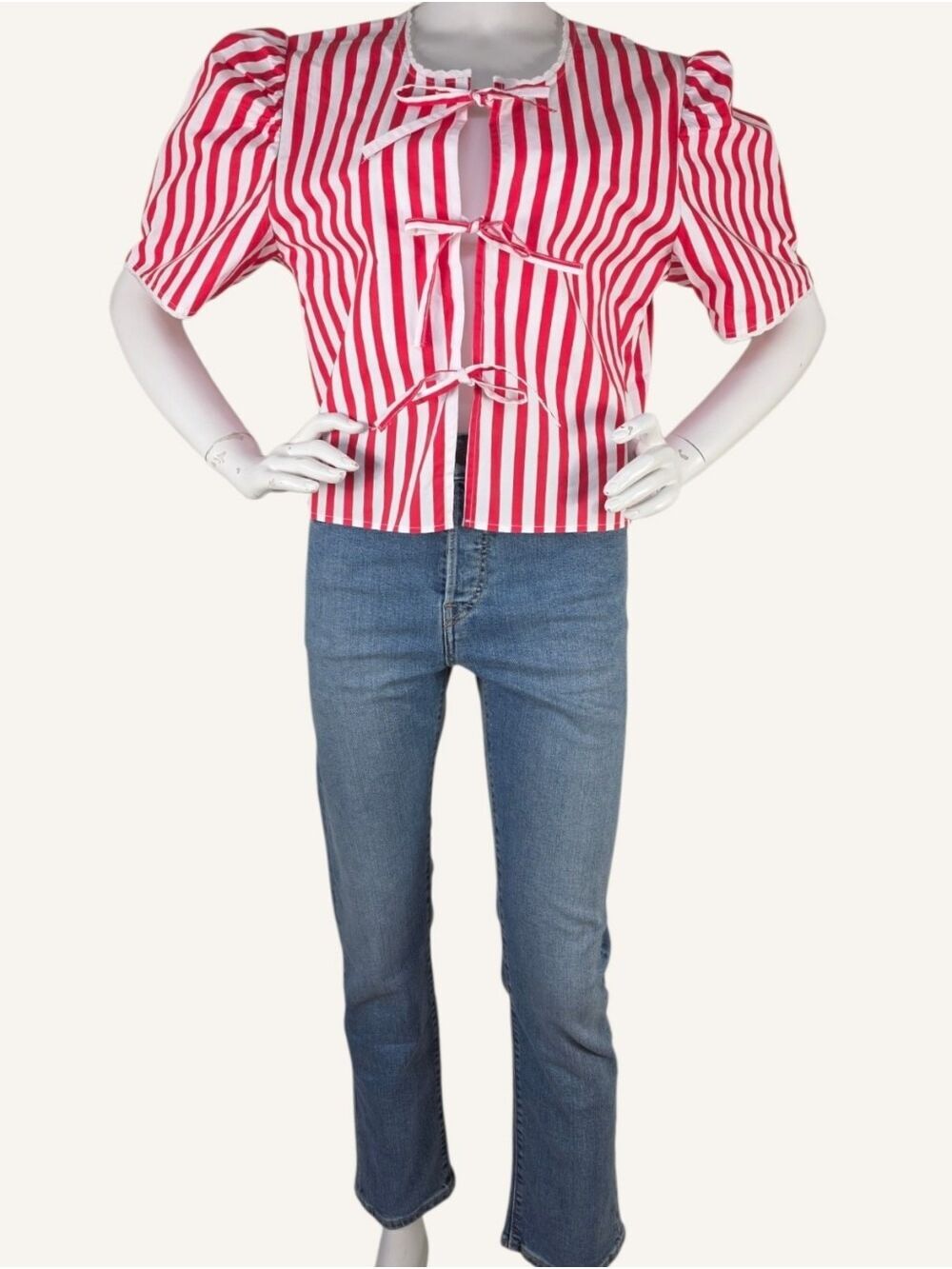 Brunette The Label Red Stripe Tie Front Poplin Top M/L NWT Cottagecore